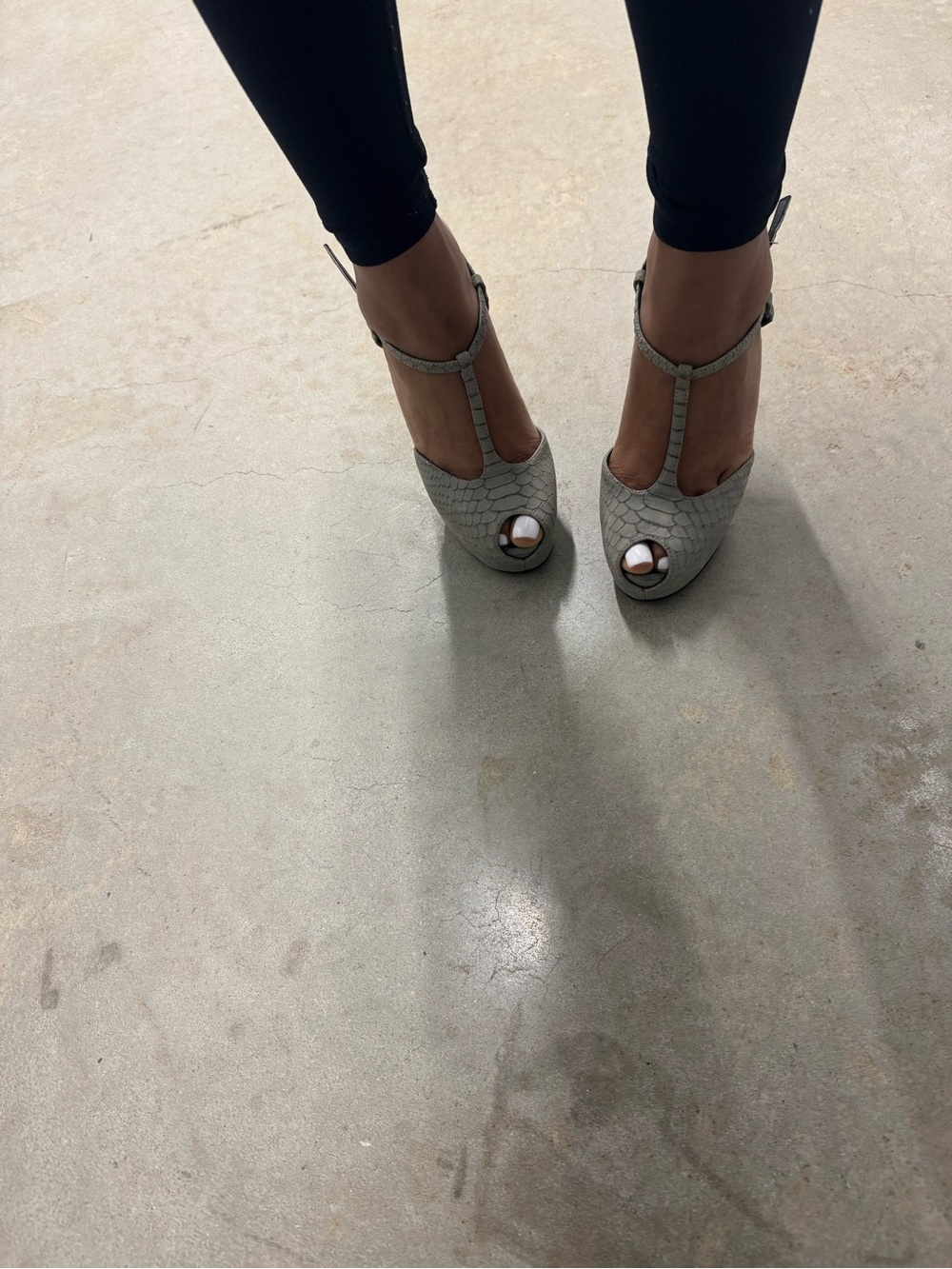 Giuseppe Zanotti Gray T-Strap Peep-Toe Heels with Silver Accent
